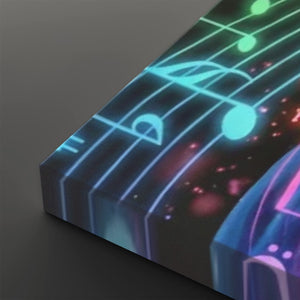A close-up of a rectangular product with a dark surface printed with glowing neon musical notes and staff lines in blue, cyan, purple, and pink on a dark background.