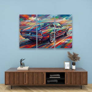 A three-panel canvas wall art print depicting a colorful, impressionistic Mustang car, displayed on a light blue wall above a wooden console table with decorative items.