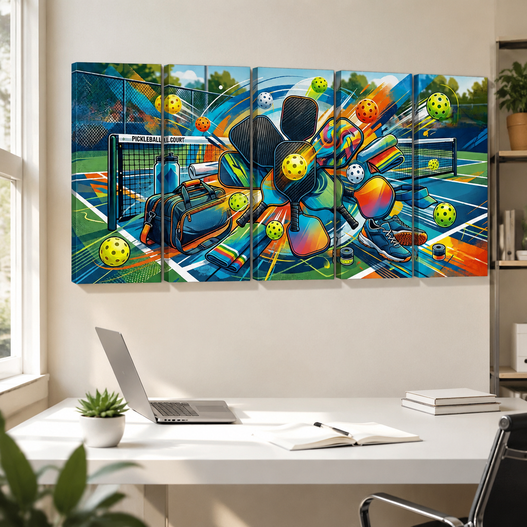 A five-panel canvas wall art print depicting a colorful, dynamic pickleball scene, displayed on a beige wall above a white desk with a laptop and other office items.