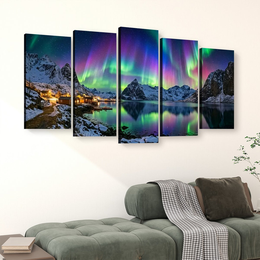 Northern Lights Over the City — 5 Panel Level Canvas Wall Art