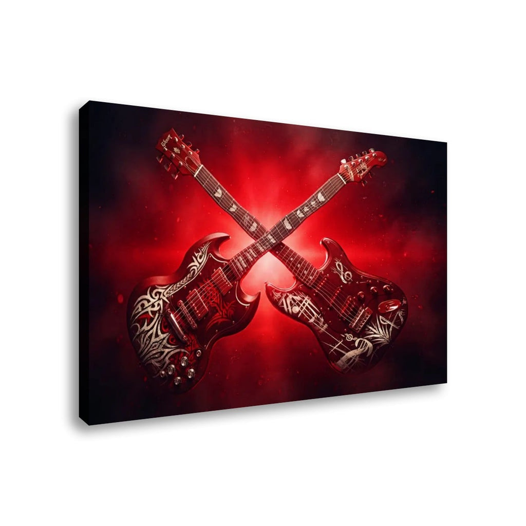 A rectangular wall art canvas showing two crossed electric guitars with red, black, and white decorative graphics on a red spotlight background, photographed against a light gray studio backdrop.