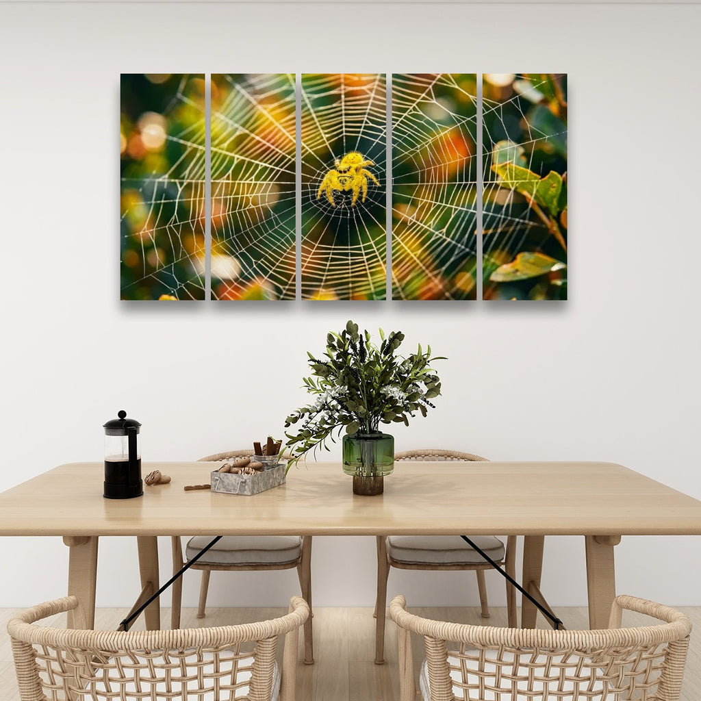 A five-panel canvas wall art set depicting a golden-yellow spider in a detailed green and orange spiderweb, displayed on a white wall above a modern wooden dining table with woven chairs.