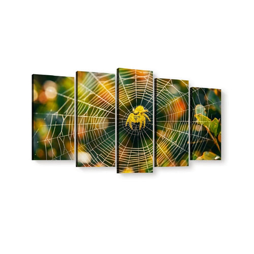 A five-panel canvas wall art set depicting a yellow  jumping spider centered on a detailed spiderweb with warm green, orange, and yellow bokeh background tones, shown against a plain white wall.