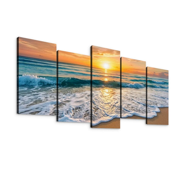 Golden Tide Sunset Beach Surf Canvas Wall Art – Ocean Waves at Dusk | 1, 3 & 5 Panel Coastal Print