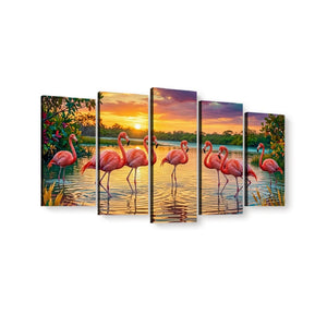 A five-panel canvas wall art set depicting flamingos standing in reflective water at sunset, shown against a plain white background.