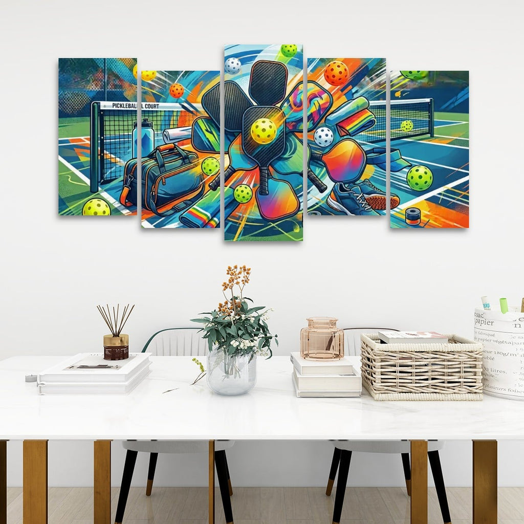 A 5-panel canvas wall art set depicting a colorful, dynamic abstract pickleball scene with players, balls, and net, displayed on a white wall above a modern white table with decorative items.