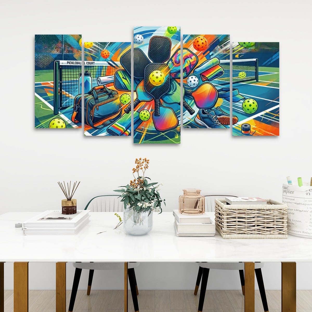 A 5-panel canvas wall art set depicting a colorful, dynamic abstract pickleball scene with players, balls, and net, displayed on a white wall above a modern white table with decorative items.