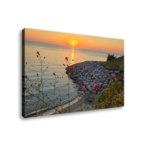 A rectangular canvas wall art print showing a coastal sunset scene with calm water, a rocky shoreline, and pink flowers in the foreground, photographed against a plain white background.