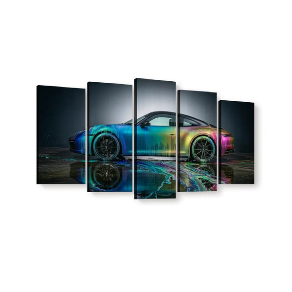 A five-panel canvas wall art set showing a sports car with a colorful iridescent blue, green, and pink finish reflected on wet pavement against a dark studio background.