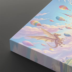 A square canvas print showing a fantasy scene of a golden dragon flying through pastel clouds with colorful hot air balloons, photographed at an angle on a dark gray background.