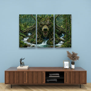 A three-panel canvas wall art set depicting a forest scene with a roaring tree-root bear and flowing water, displayed above a wooden media console against a light blue wall.
