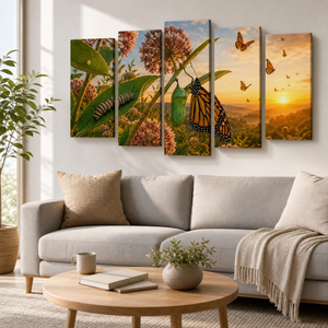 A 5-panel canvas wall art set depicting monarch butterflies and a caterpillar on flowers at sunset, displayed above a modern light gray sofa in a bright, contemporary living room.
