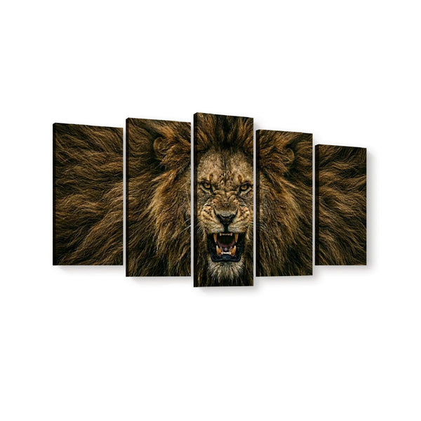 Five-panel canvas wall art featuring a roaring lion face and mane, shown against a plain white background.