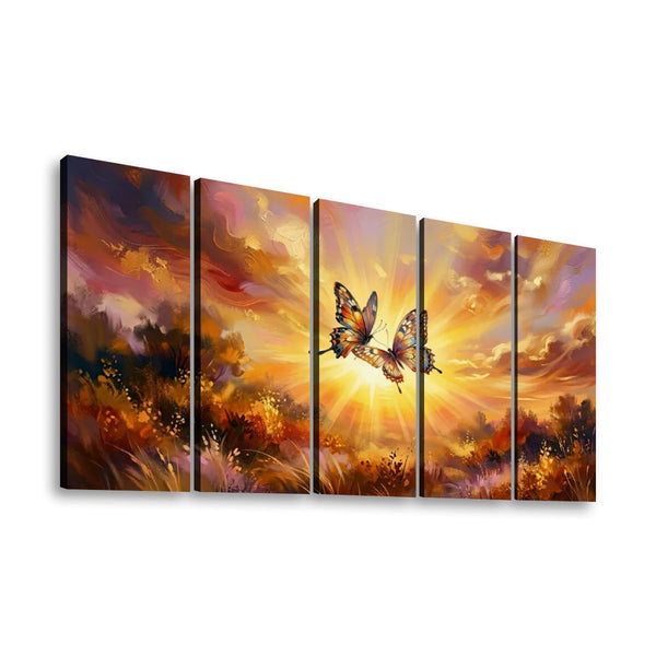Golden Hour Butterflies Canvas Wall Art – Warm & Ethereal Abstract Print | 1, 3 & 5 Panel