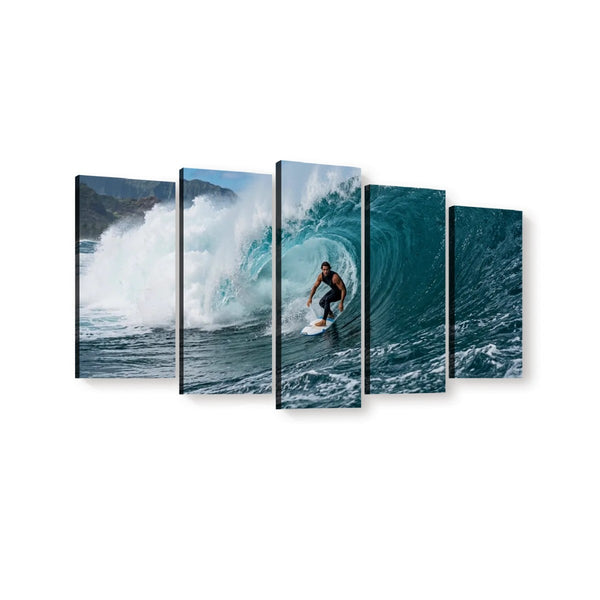 A five-panel canvas wall art set depicting a surfer riding inside a large curling ocean wave, shown against a plain white background.