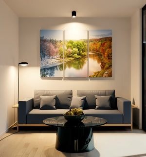 Modern living room with a gray sofa, round glass coffee table, and wall art depicting nature scenes.