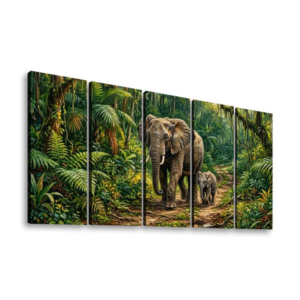 A five-panel canvas wall art set depicting an adult elephant and a calf walking through a lush green jungle path, shown against a plain white background.