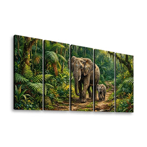 A five-panel canvas wall art set depicting an adult elephant and a calf walking through a lush green jungle path, shown against a plain white background.