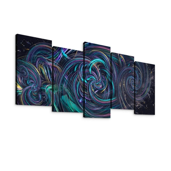A five-panel canvas wall art set displaying an abstract cosmic swirl design in vibrant shades of teal, purple, blue, and yellow against a dark space-like background, shown on a plain white wall.