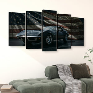 A five-panel canvas wall art set depicting a black 1972 Corvette  sports car against a distressed American flag background, displayed above a green sofa in a living room setting.
