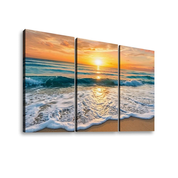 Golden Tide Sunset Beach Surf Canvas Wall Art – Ocean Waves at Dusk | 1, 3 & 5 Panel Coastal Print