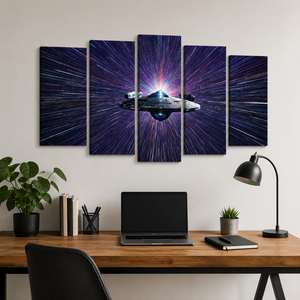 A 5-panel canvas wall art set depicting a spaceship in a starburst galaxy scene, displayed on a wall above a wooden desk with a laptop, lamp, and plants.