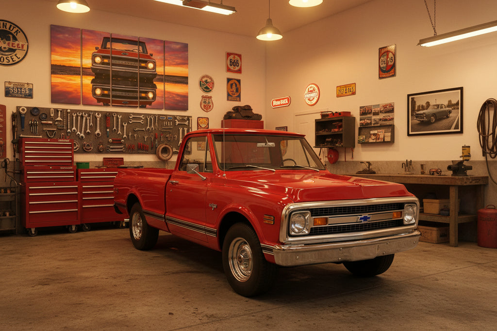 A multi-panel wall art print showing a vintage orange pickup truck facing forward against a vivid sunset reflection, displayed above a light wood dining table in a modern room setting.