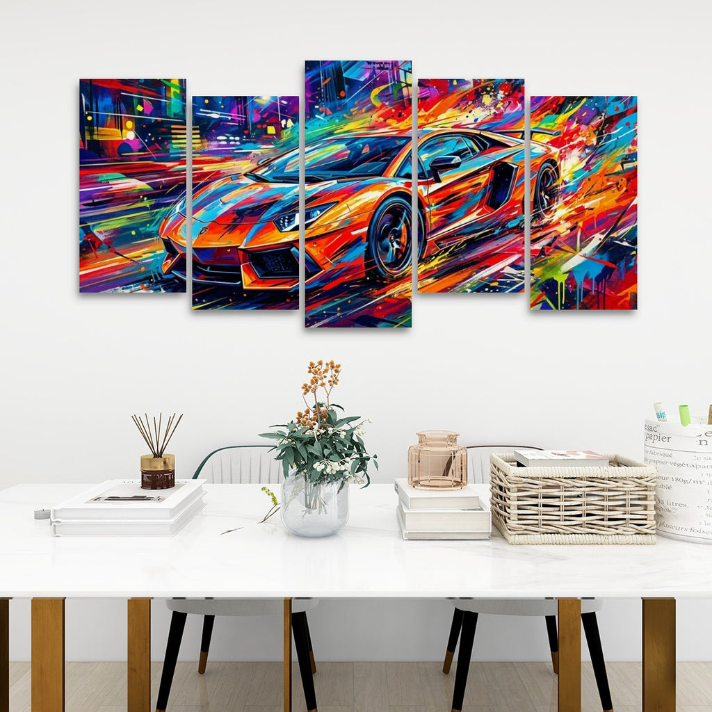 A five-panel canvas wall art set depicting a vibrant, colorful abstract sports car, displayed on a white wall above a modern white table with decorative items.