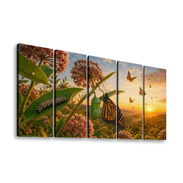 A five-panel canvas wall art set depicting a monarch butterfly transformation with a caterpillar on leaves, flowers, and a sunset sky, shown against a plain white background.