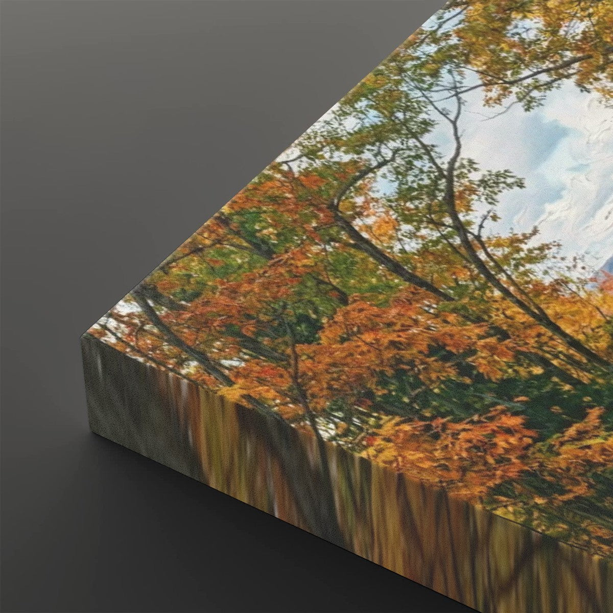 A rectangular canvas or print showing an autumn forest scene with orange and yellow leaves, green foliage, tree branches, and a patch of blue sky, photographed at an angle on a dark gray background.