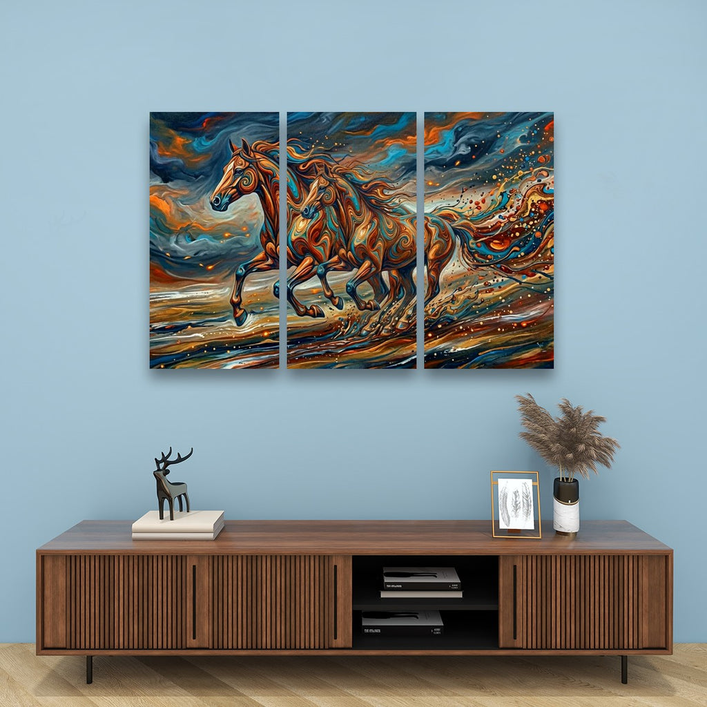 A three-panel canvas wall art set depicting a dynamic, colorful painting of a galloping horse, displayed on a light blue wall above a wooden console table with decorative items.