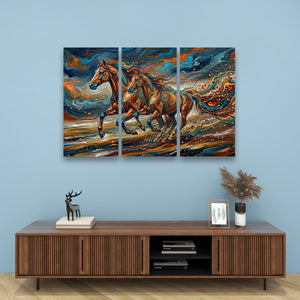 A three-panel canvas wall art set depicting a dynamic, colorful painting of a galloping horse, displayed on a light blue wall above a wooden console table with decorative items.