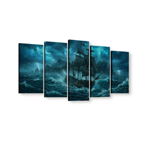 A five-panel canvas wall art set depicting a dark sailing ship navigating rough stormy seas under a blue-gray sky, shown against a plain white background.