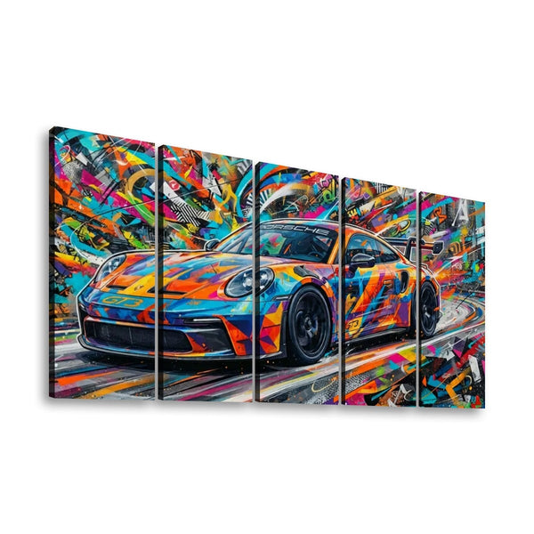 A five-panel canvas wall art set depicting a colorful, graffiti-style 911 GT3 sports car on a road, shown against a plain white background.