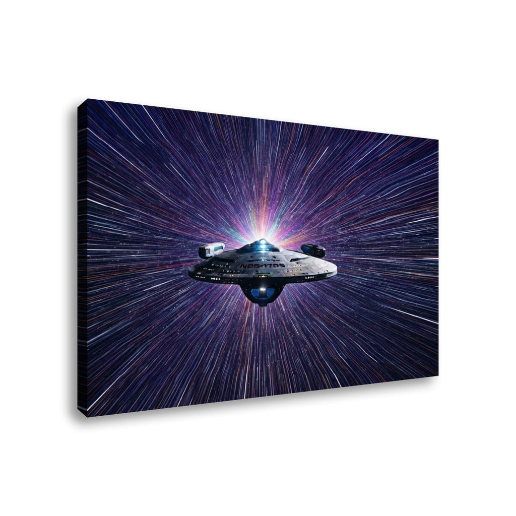 A rectangular wall art canvas showing a futuristic spaceship flying through a starburst space scene, photographed against a plain white background.