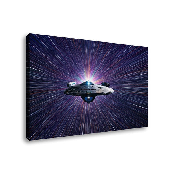 A rectangular wall art canvas showing a futuristic spaceship flying through a starburst space scene, photographed against a plain white background.