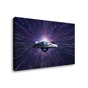 A rectangular wall art canvas showing a futuristic spaceship flying through a starburst space scene, photographed against a plain white background.