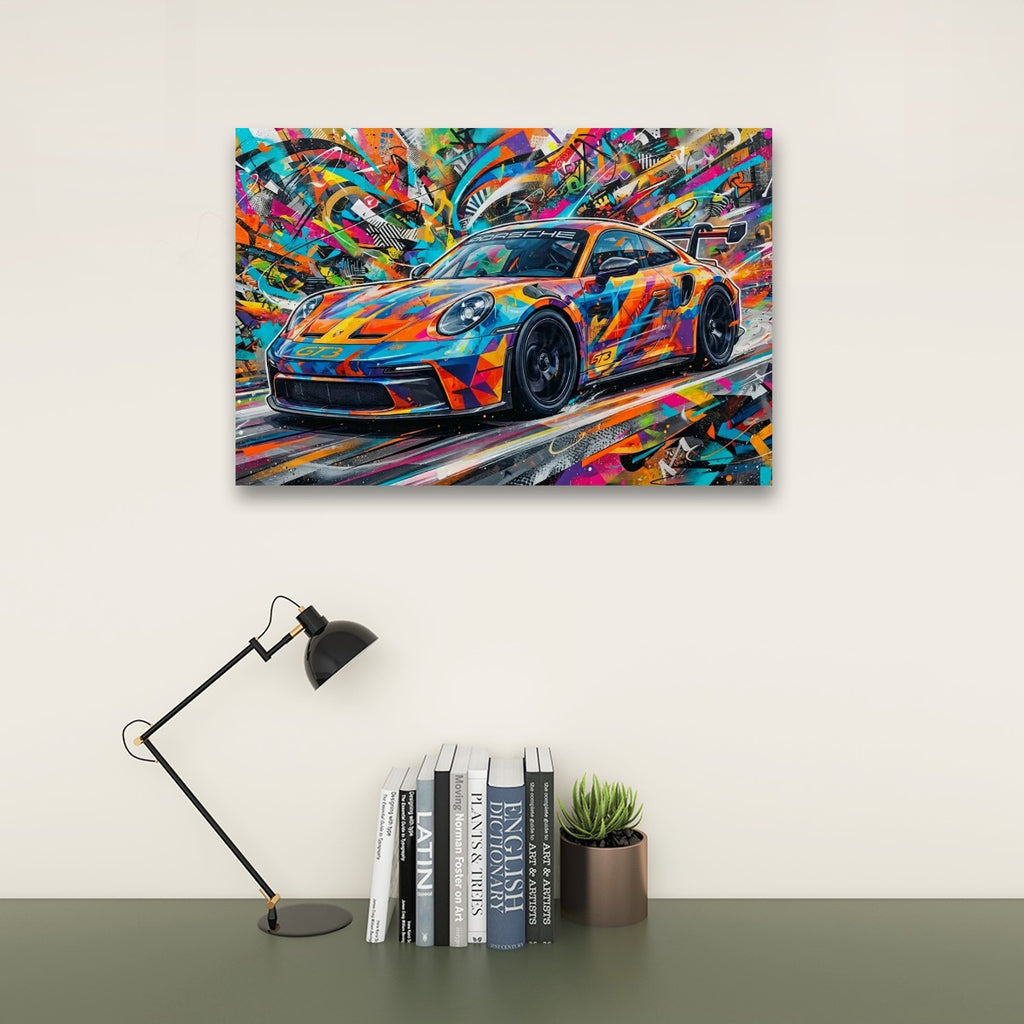 A colorful abstract art print of a 911 GT3 sports car hanging on a light beige wall above a dark green table with a black desk lamp, books, and a small potted succulent.