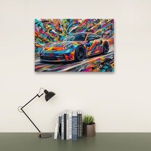 A colorful abstract art print of a 911 GT3 sports car hanging on a light beige wall above a dark green table with a black desk lamp, books, and a small potted succulent.