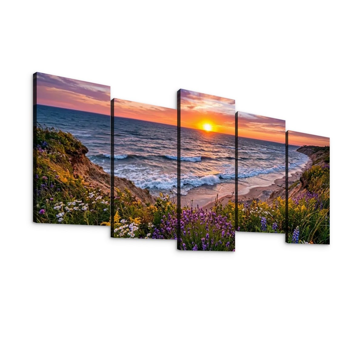 A five-panel canvas wall art set depicting a coastal sunset scene with ocean waves, sandy shore, cliffs, and wildflowers in purple, yellow, green, and pink tones, shown against a plain white background.