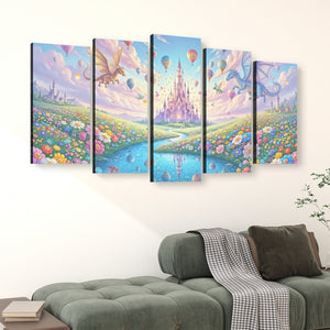 A 5-panel canvas wall art set depicting a whimsical fantasy landscape with a castle, dragons, hot air balloons, and a river, displayed above a green sofa in a living room setting.