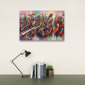 A colorful abstract canvas print of musical instruments, including guitars, a piano keyboard, and brass instruments, displayed on a wall above a desk with a black lamp, books, and a small succulent.