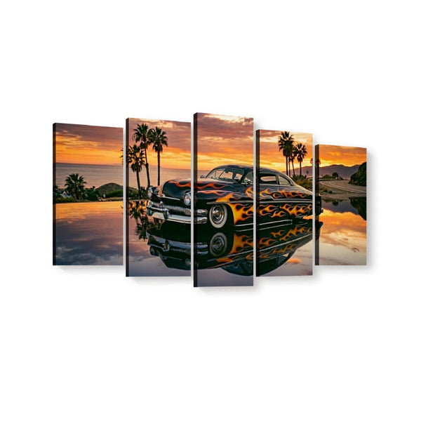 A five-panel canvas wall art set depicting a vintage Mercury Sled black car with orange and yellow flames on its body, parked at sunset beside palm trees and water, shown against a plain white background.