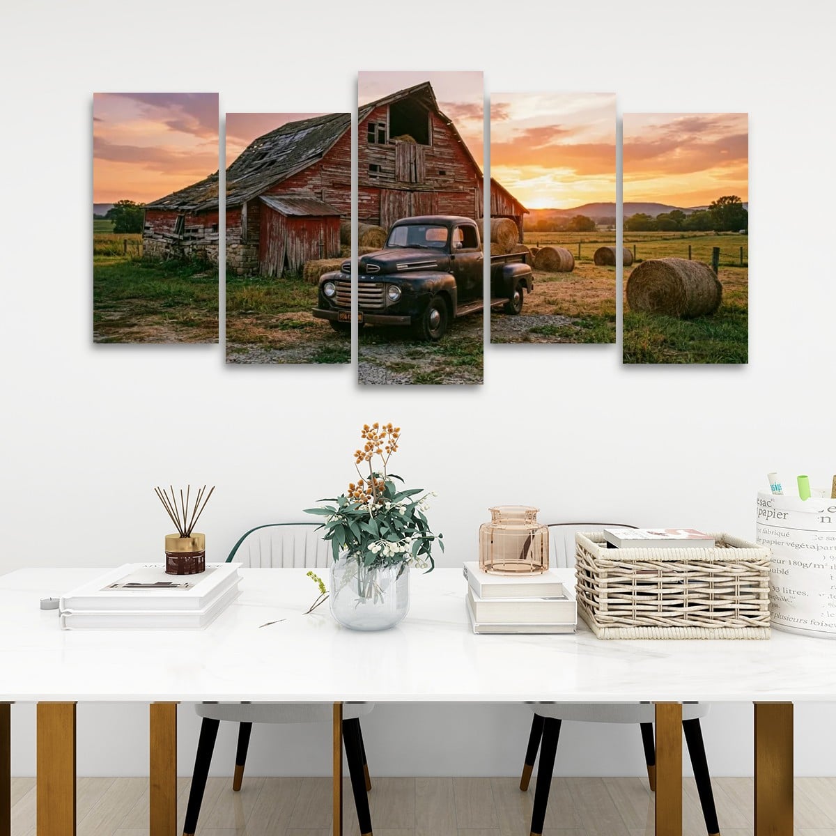 Ford F1 Patina Truck Canvas Wall Art – Old Barn Sunset | 1, 3 & 5 Panel Classic Truck Print