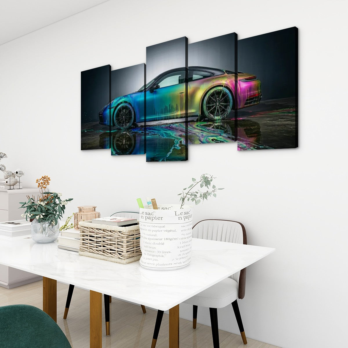 A five-panel canvas wall art set depicting a sports car with a vibrant rainbow gradient, displayed on a white wall above a dining table in a modern room setting.