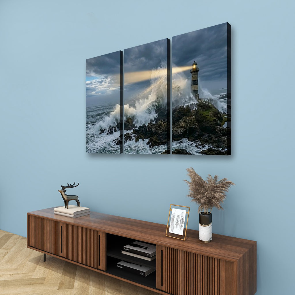 Stormy Lighthouse Canvas Wall Art – Dramatic Coastal Storm Scene | 1, 3 & 5 Panel Home Décor Print