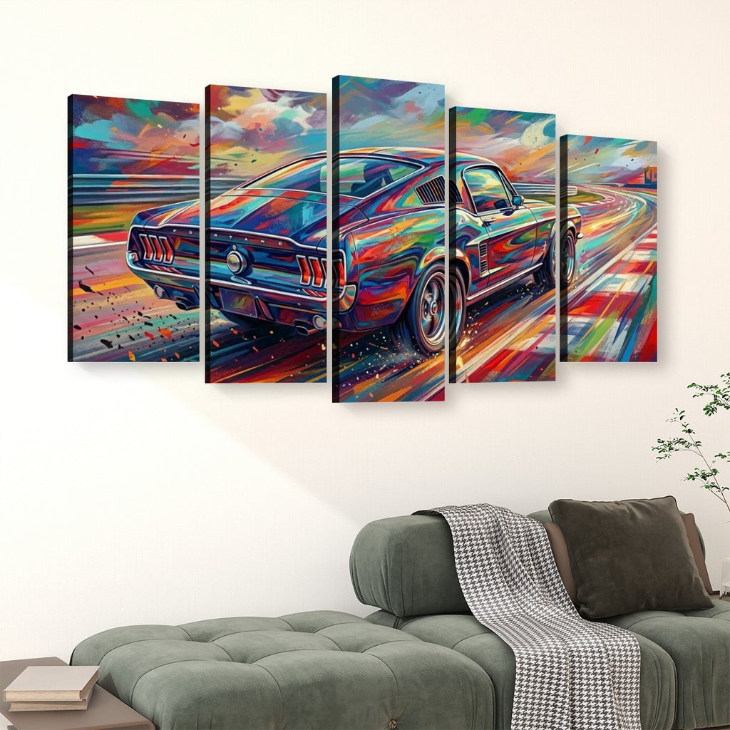 A five-panel canvas wall art set depicting a colorful, abstract-style 1967 Ford Mustang Fastback sports car on a road at sunset, displayed above a green sofa in a living room setting.