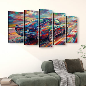 A five-panel canvas wall art set depicting a colorful, abstract-style 1967 Ford Mustang Fastback sports car on a road at sunset, displayed above a green sofa in a living room setting.