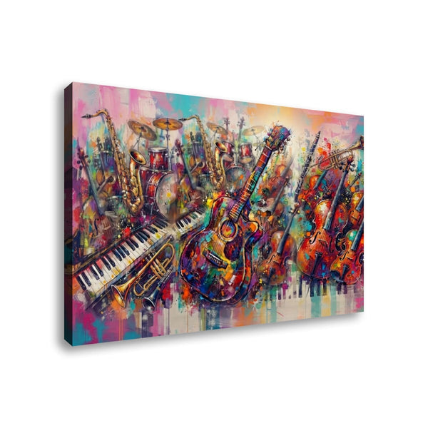 A colorful canvas wall art print depicting a vibrant musical scene with guitars, violins, saxophones, a trumpet, and a piano rendered in expressive, painterly brushstrokes.