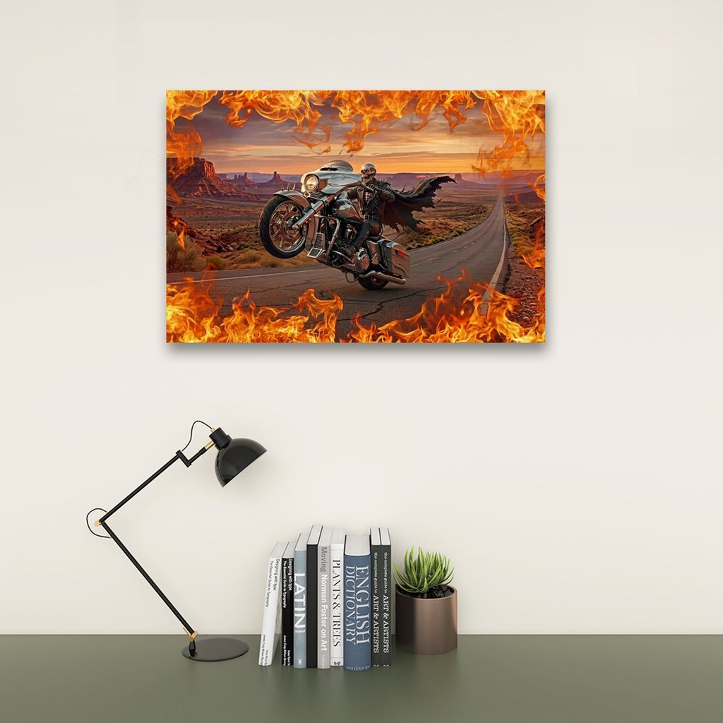 Skeleton Fire Bagger Chrome Motorcycle Tank, Saddlebags w/ Fire Split Canvas Panel Wall Art